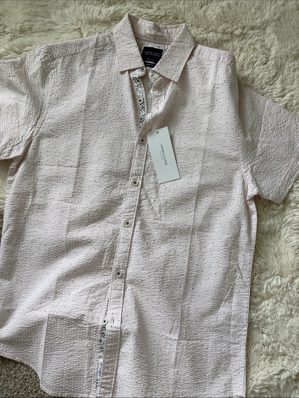 Denim & Flower Slim Fit Men's Short Sleeve Textured Button-Up Shirt - Light Pink